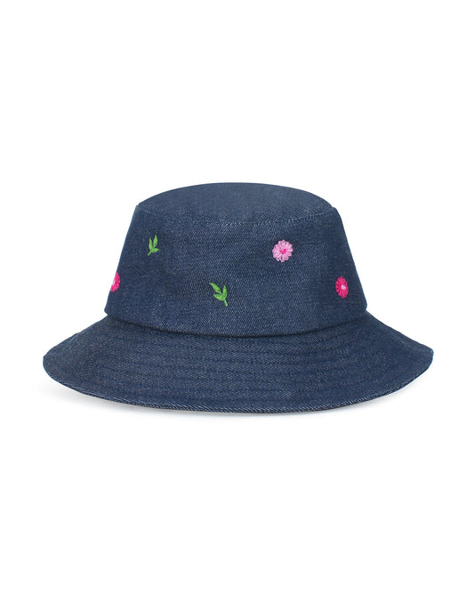 Upcycled Denim Hand Daisy Embroidered Bucket Woman Hat - Dwij -