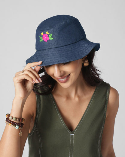 Upcycled Denim Hand Flower Embroidered Bucket Woman Hat - Dwij -
