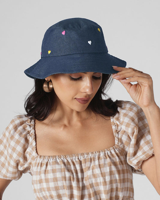 Upcycled Denim Hand Heart Embroidered Bucket Woman Hat - Dwij -