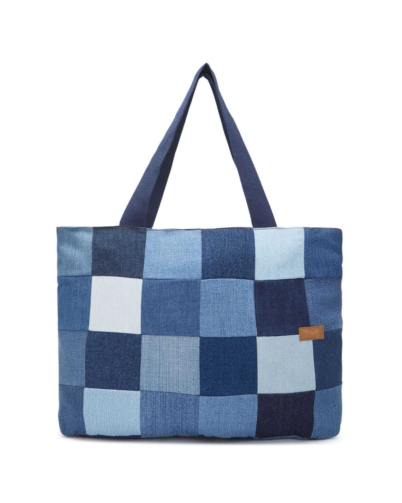 Upcycled Denim Jeans Blue Chequered Tote Bag Dark - Dwij - 