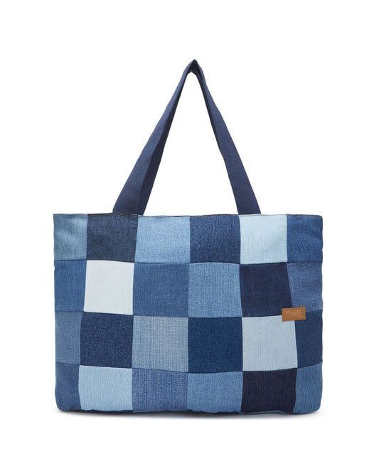 Upcycled Denim Jeans Blue Chequered Tote Bag Dark - Dwij - 