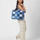 Upcycled Denim Jeans Blue Chequered Tote Bag Dark - Dwij - 