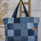 Upcycled Denim Jeans Blue Chequered Tote Bag Dark - Dwij