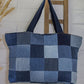 Upcycled Denim Jeans Blue Chequered Tote Bag Dark - Dwij