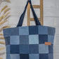 Upcycled Denim Jeans Blue Chequered Tote Bag Dark - Dwij