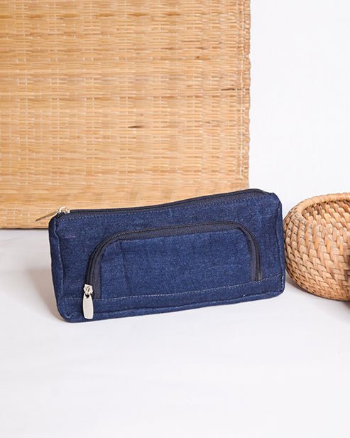 Upcycled Denim Jeans Blue Multipurpose Pencil Pouch - Dwij