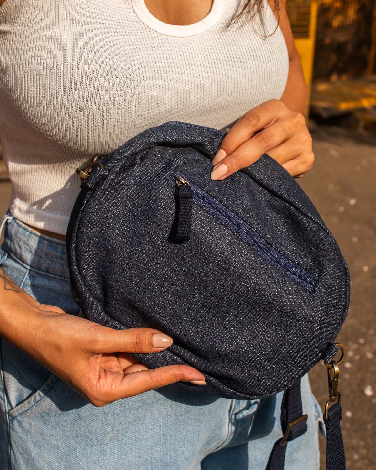 Upcycled Denim Jeans Patched Oval Fanny pack (two way bag) - Dwij