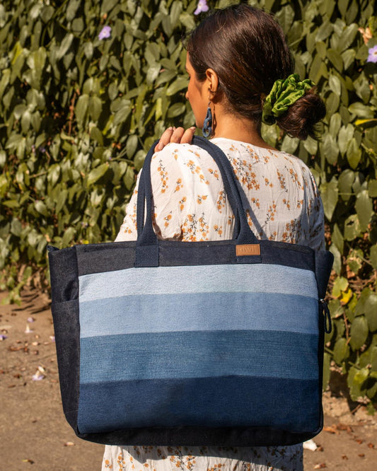 Upcycled Handcrafted Denim Jeans Ocean Laptop Tote