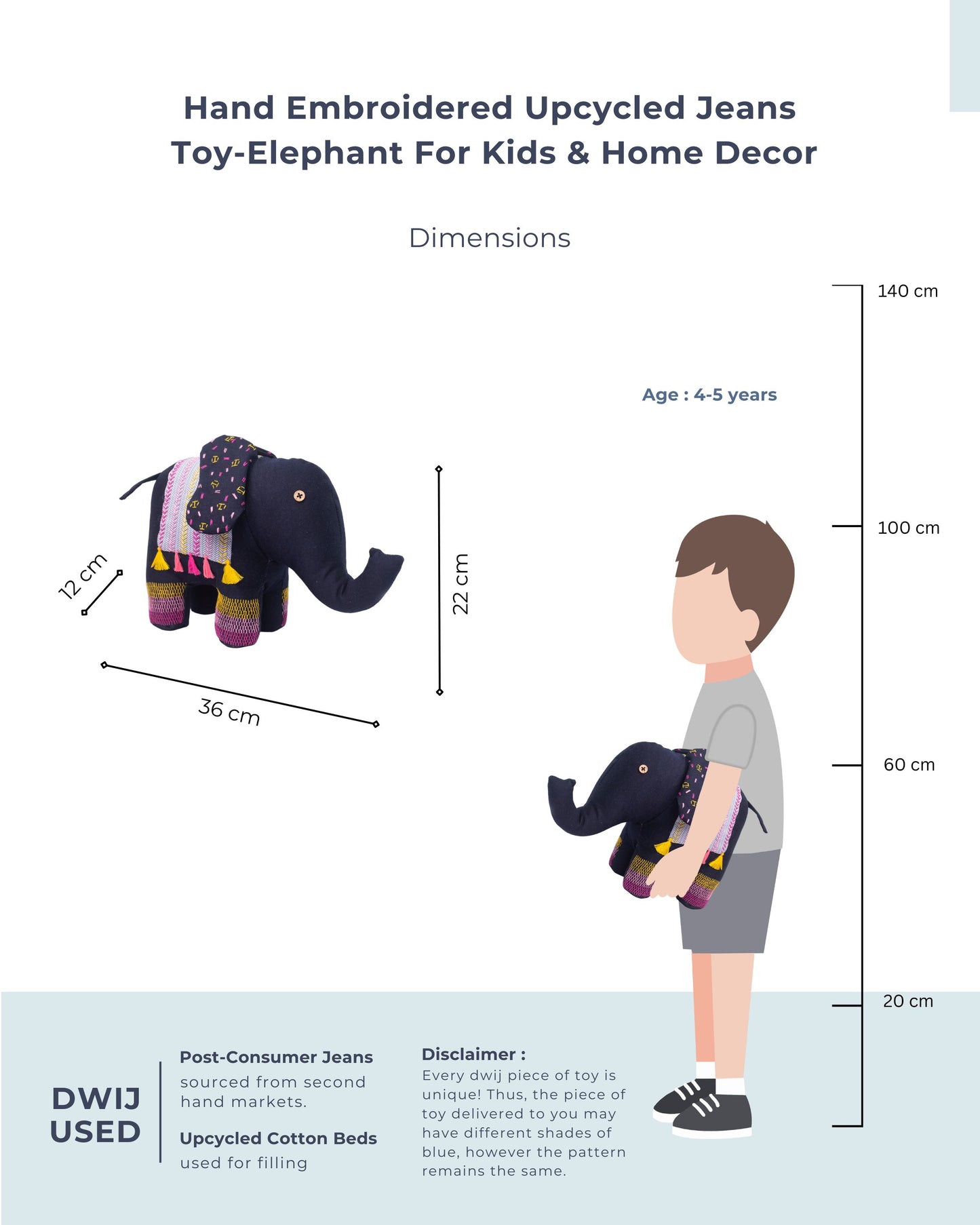 Handcrafted Upcycled Jeans Embroidered Toy- Elephant