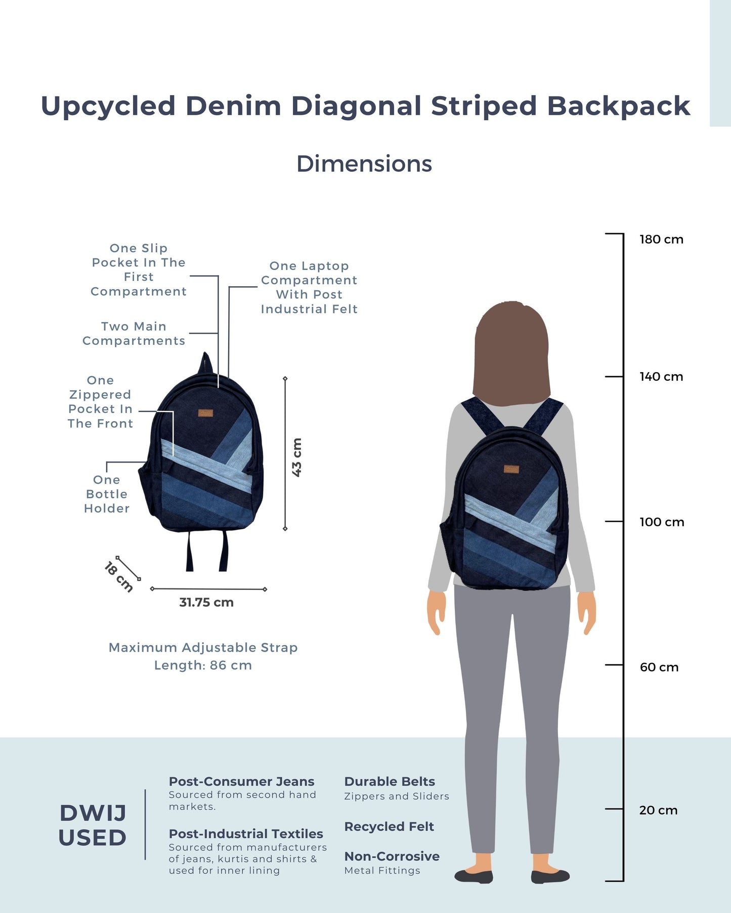 Upcycled Handcrafted Diagonal Striped Denim Travel Backpack