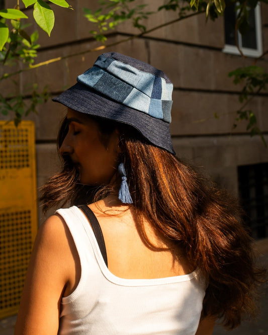 Upcycled Eco friendly Denim Jeans Patched Bucket Hat (Large) - Dwij