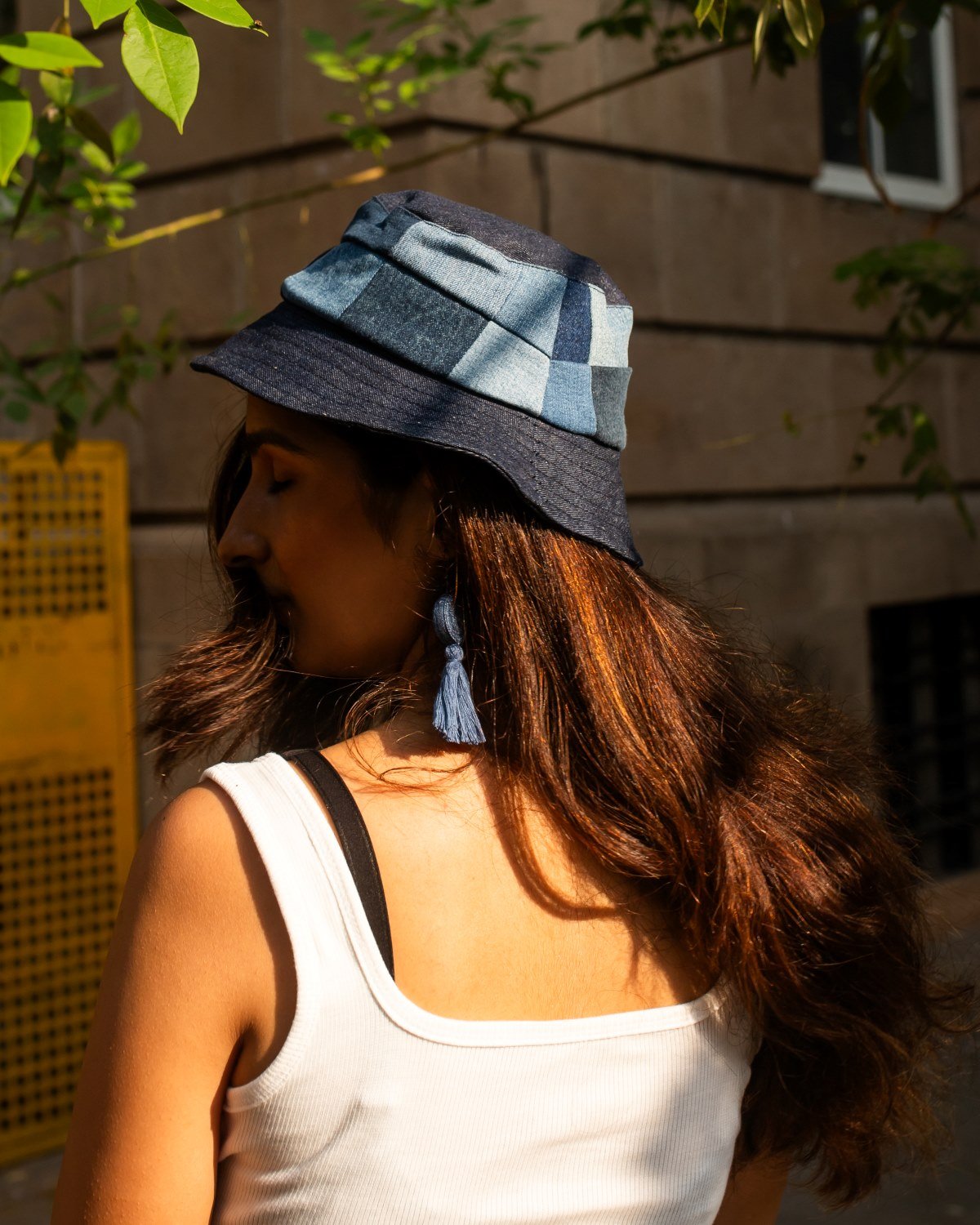 Upcycled Eco friendly Woman Denim Jeans Patched Bucket Hat (Small