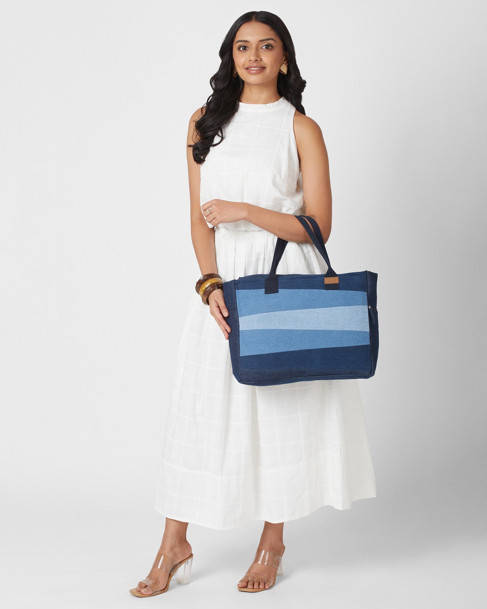 Upcycled Eco Friendly Denim Jeans Striped Laptop Tote - Dwij - 