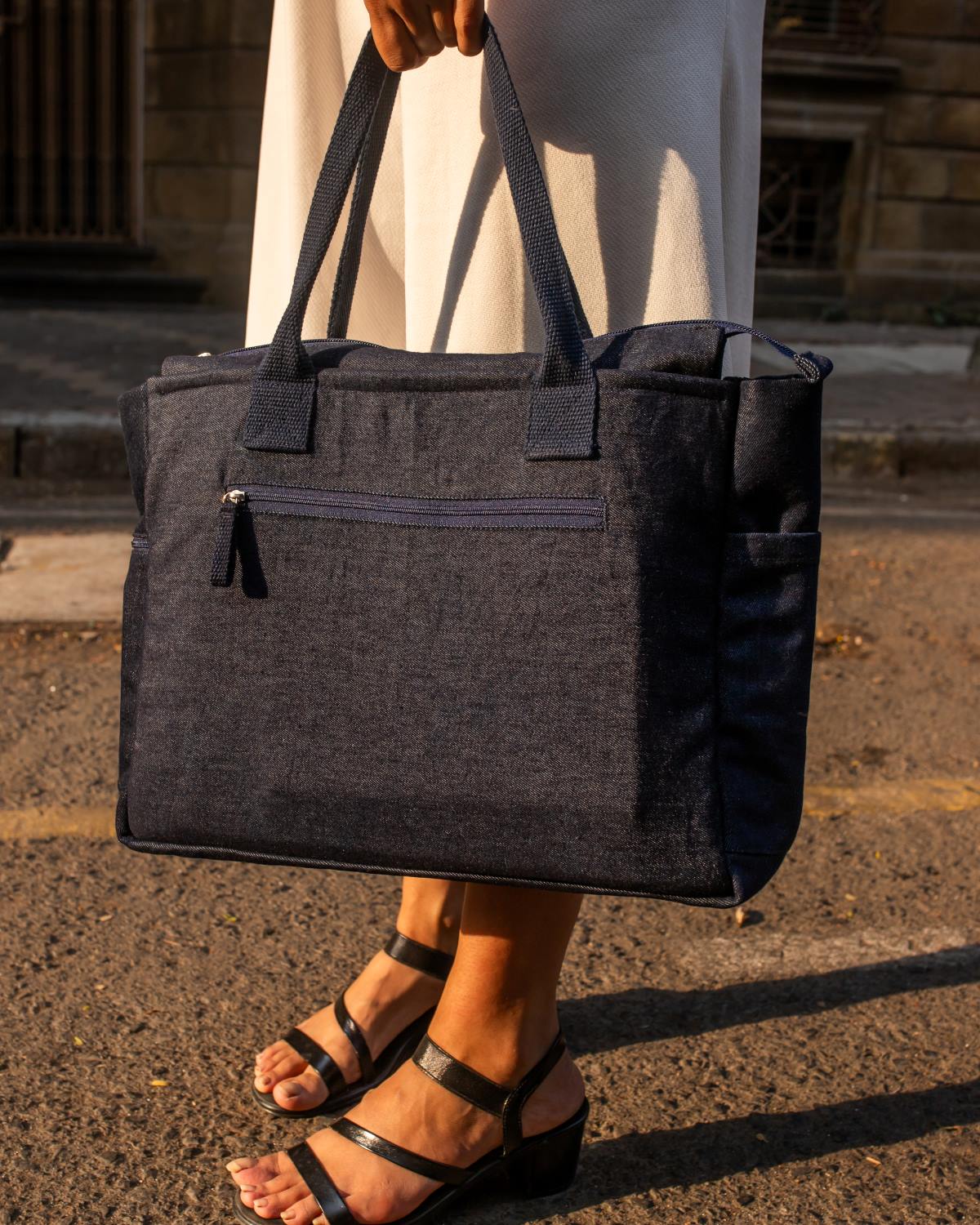 Upcycled Eco Friendly Denim Jeans Striped Laptop Tote - Dwij