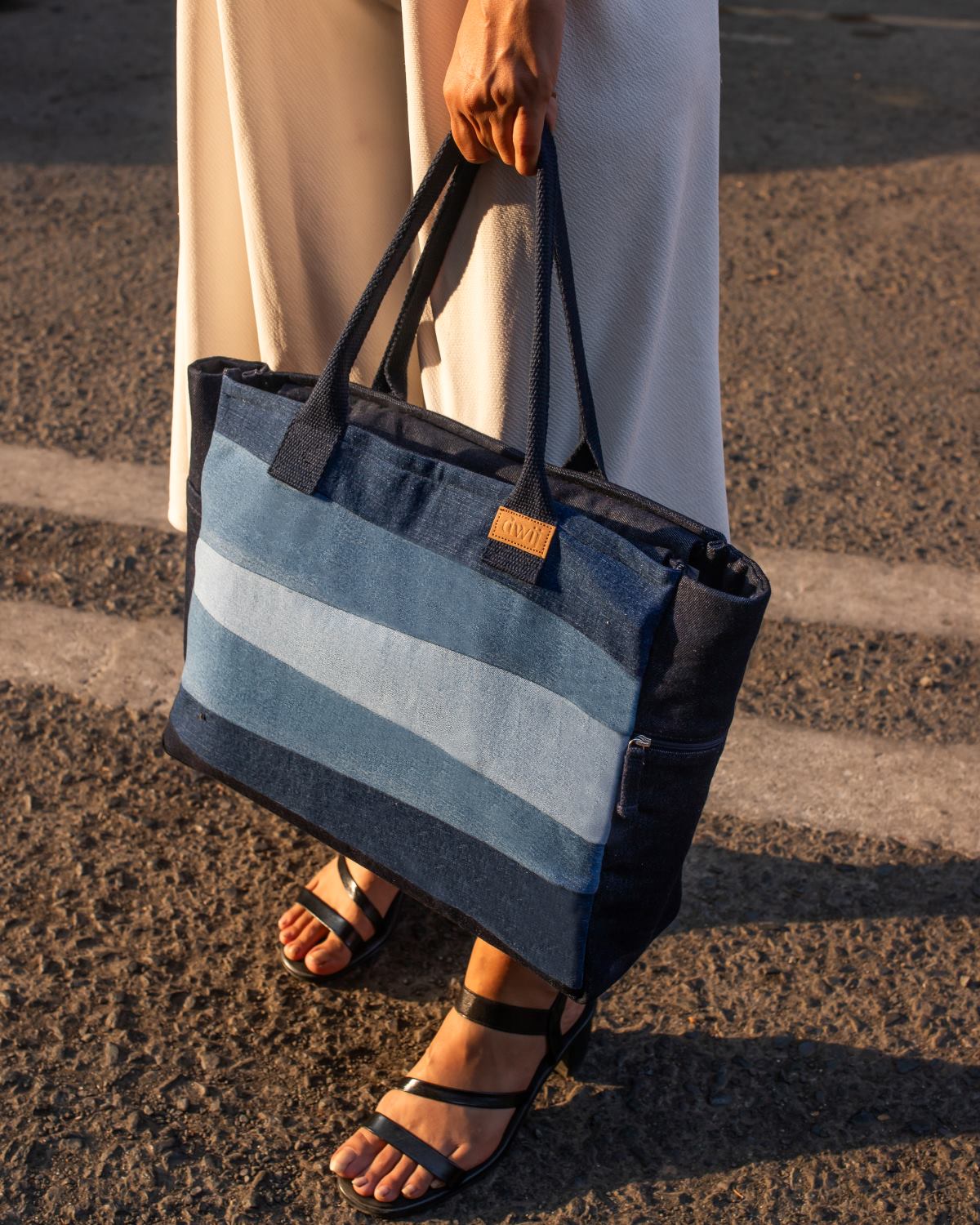 Upcycled Eco Friendly Denim Jeans Striped Laptop Tote - Dwij