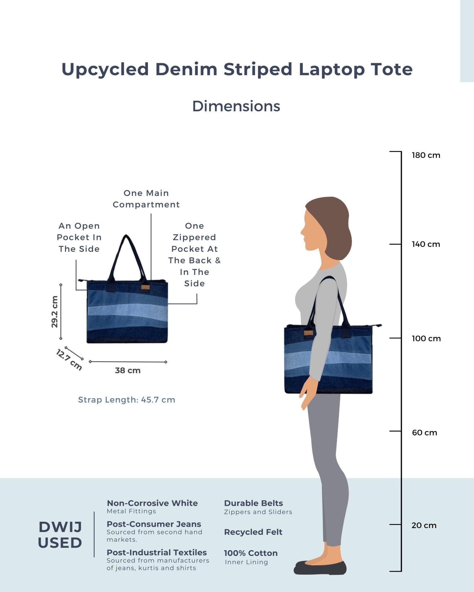 Upcycled Eco Friendly Denim Jeans Striped Laptop Tote - Dwij