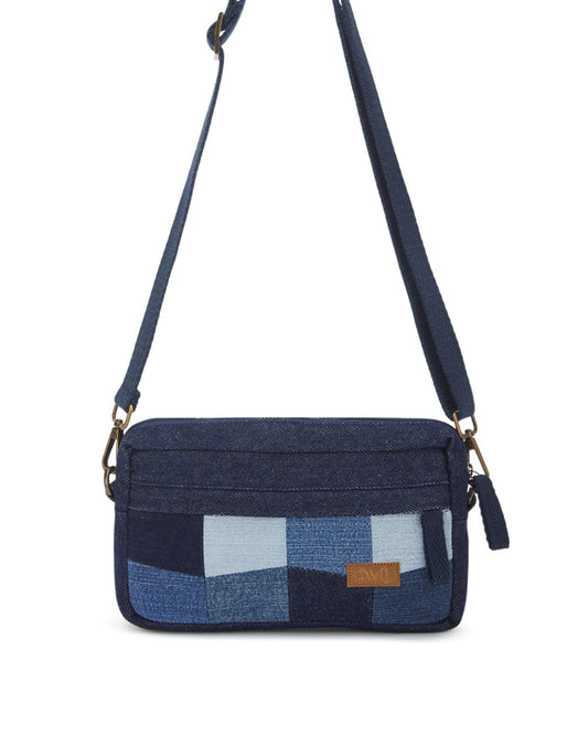 Upcycled Eco Friendly denim Patched Wallet cum Sling Bag - Dwij - 