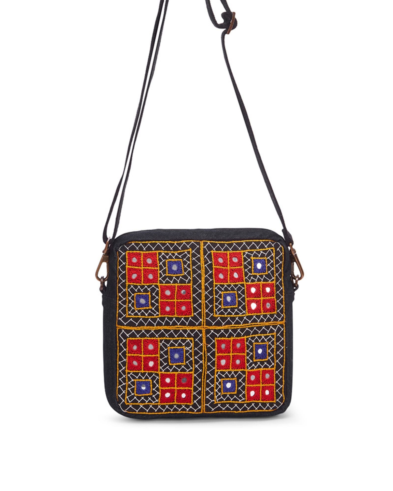 Upcycled Hand Embroidered Black Ahir Breakfree Sling Bag - Dwij - 