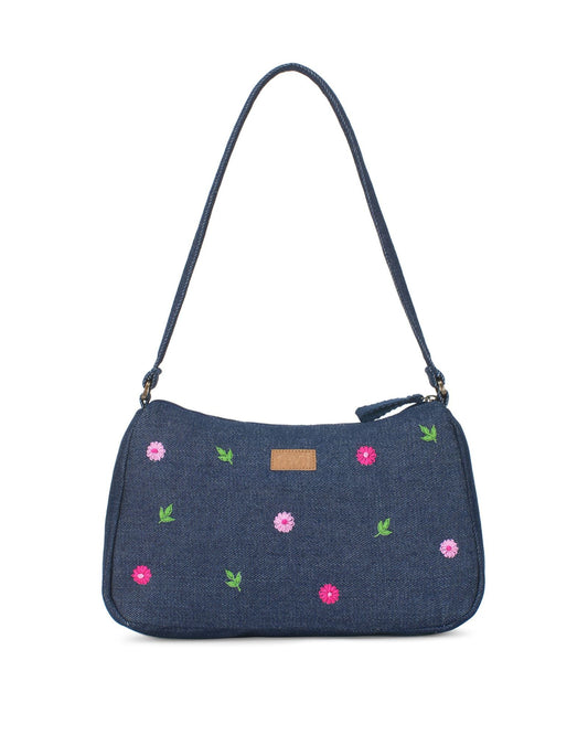 Upcycled Hand Embroidered Daisy Denim Baguette Bag (Large) - Dwij -