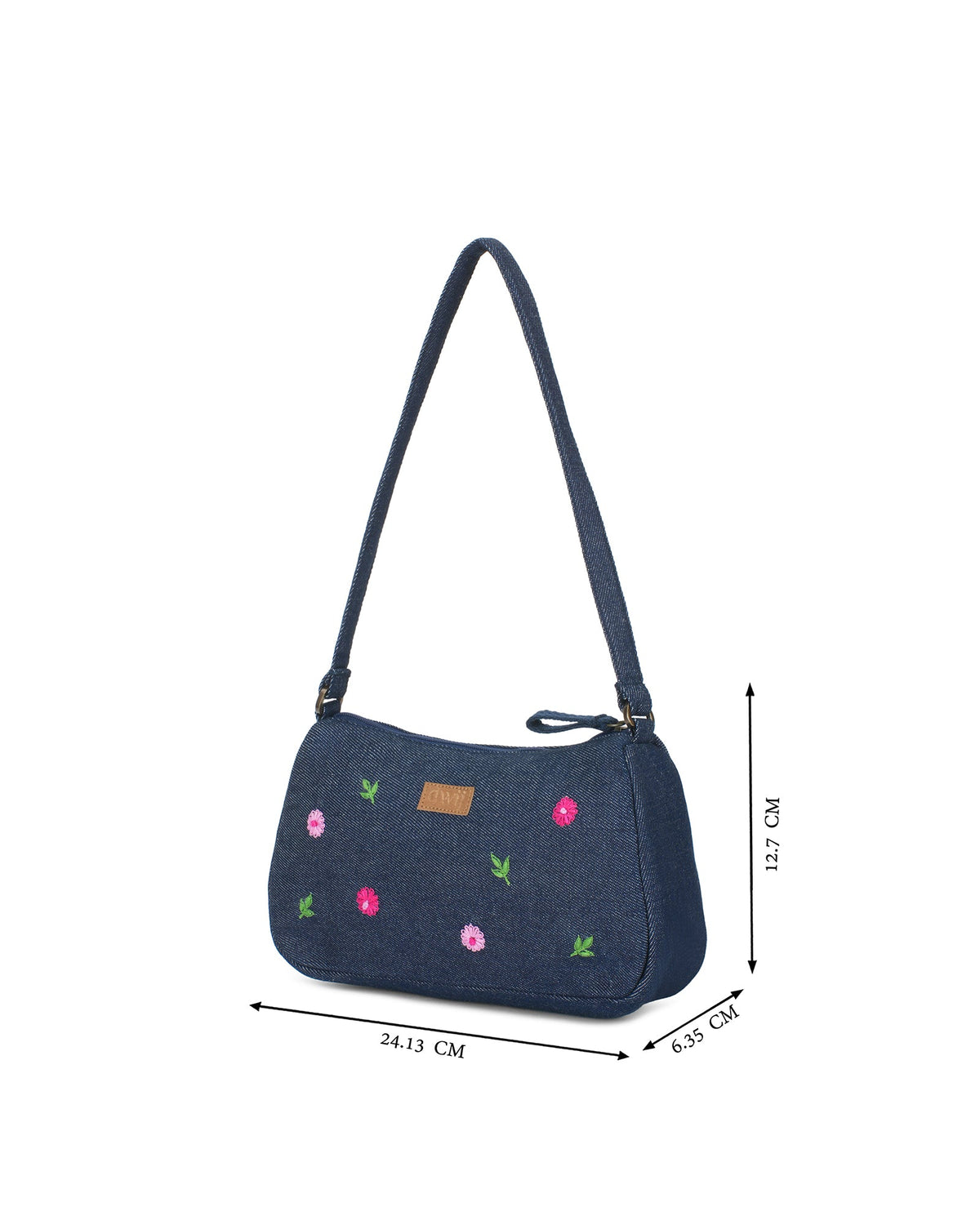 Upcycled Hand Embroidered Daisy Denim Baguette Bag (Small) - Dwij -