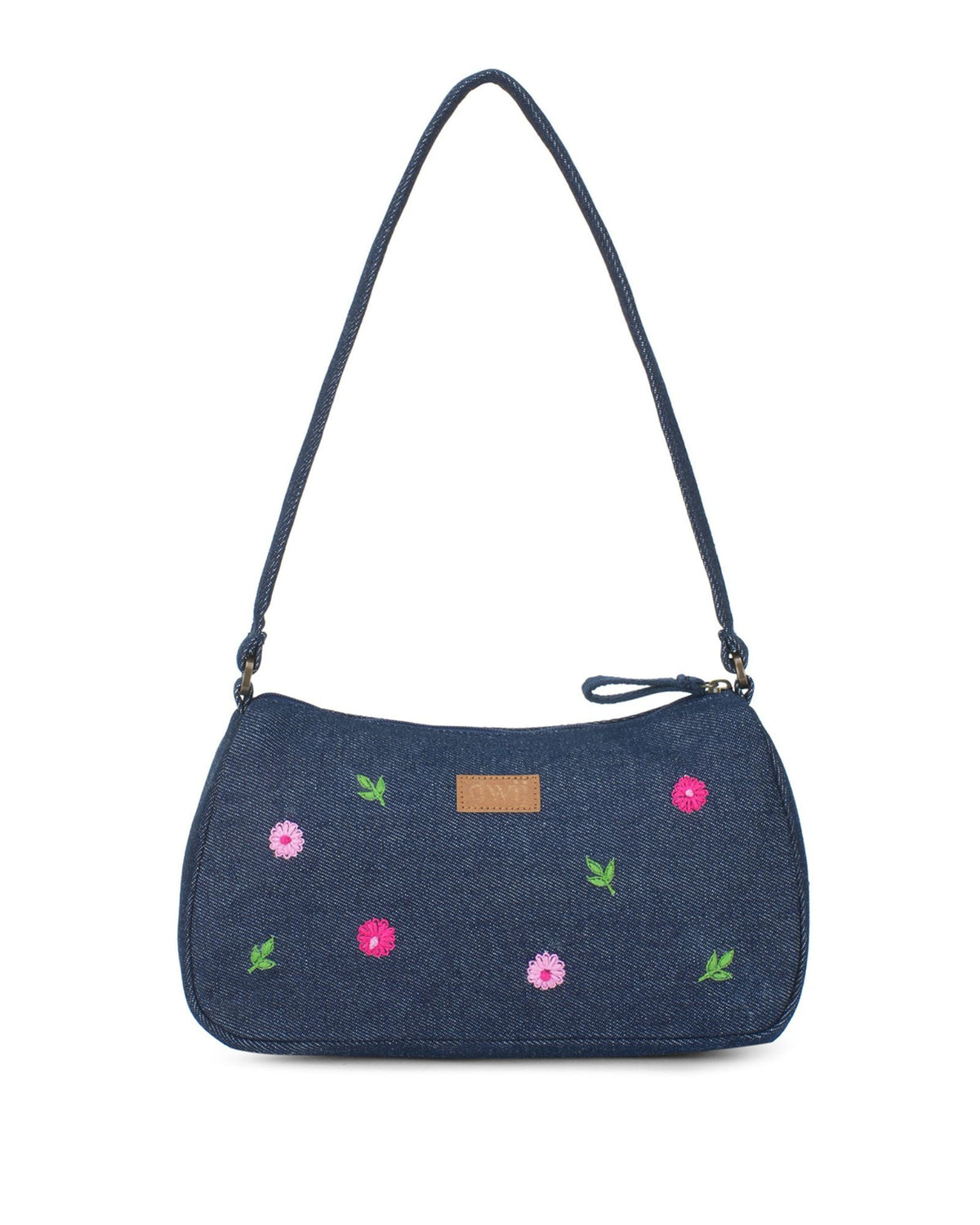 Upcycled Hand Embroidered Daisy Denim Baguette Bag (Small) - Dwij -