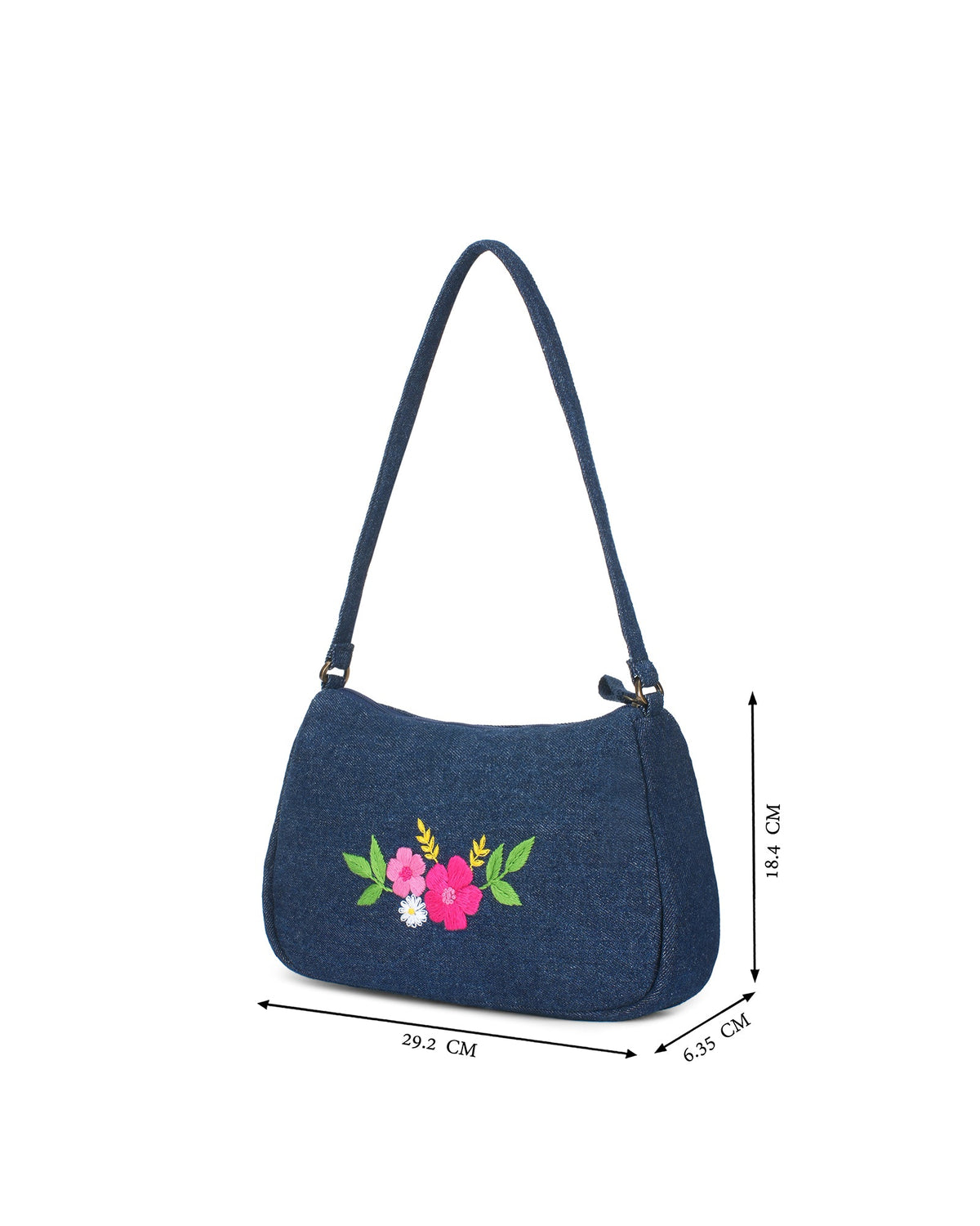 Upcycled Hand Embroidered Flower Denim Baguette Bag (Large) - Dwij -