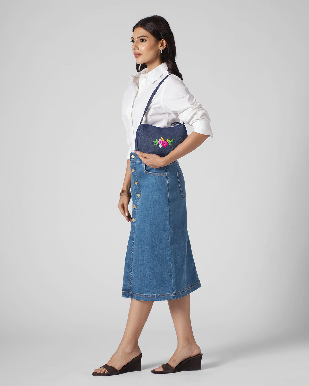 Upcycled Hand Embroidered Flower Denim Baguette Bag (Small) - Dwij -