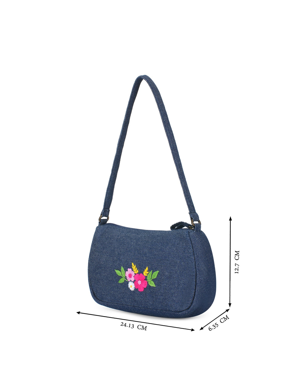Upcycled Hand Embroidered Flower Denim Baguette Bag (Small) - Dwij -