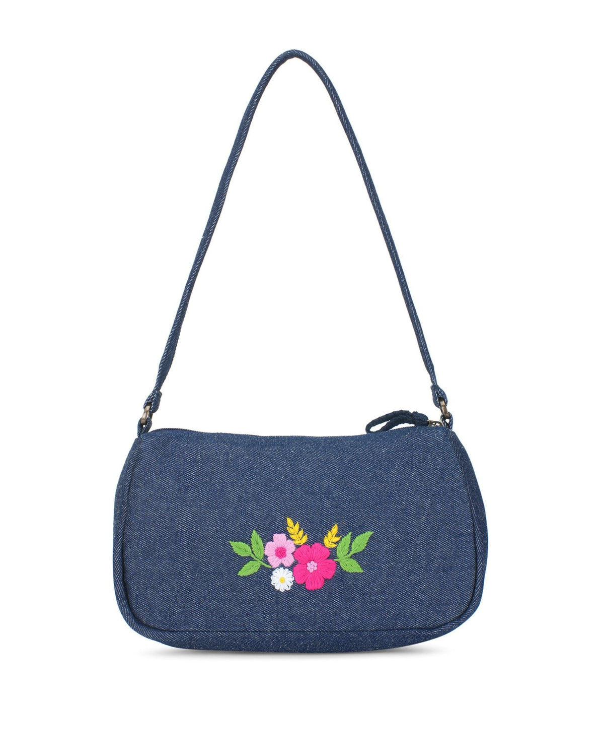 Upcycled Hand Embroidered Flower Denim Baguette Bag (Small) - Dwij -