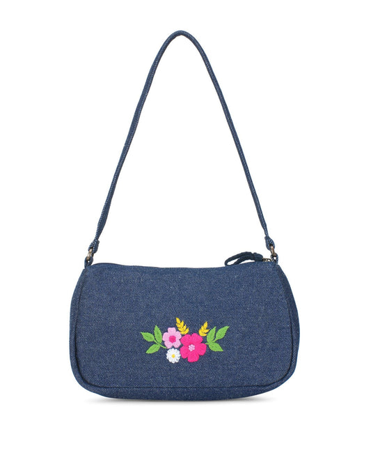 Upcycled Hand Embroidered Flower Denim Baguette Bag (Small) - Dwij -