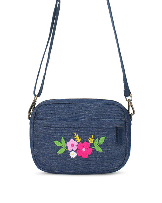 Upcycled Hand Embroidered Flower Woman Crossbody Sling Bag - Dwij -