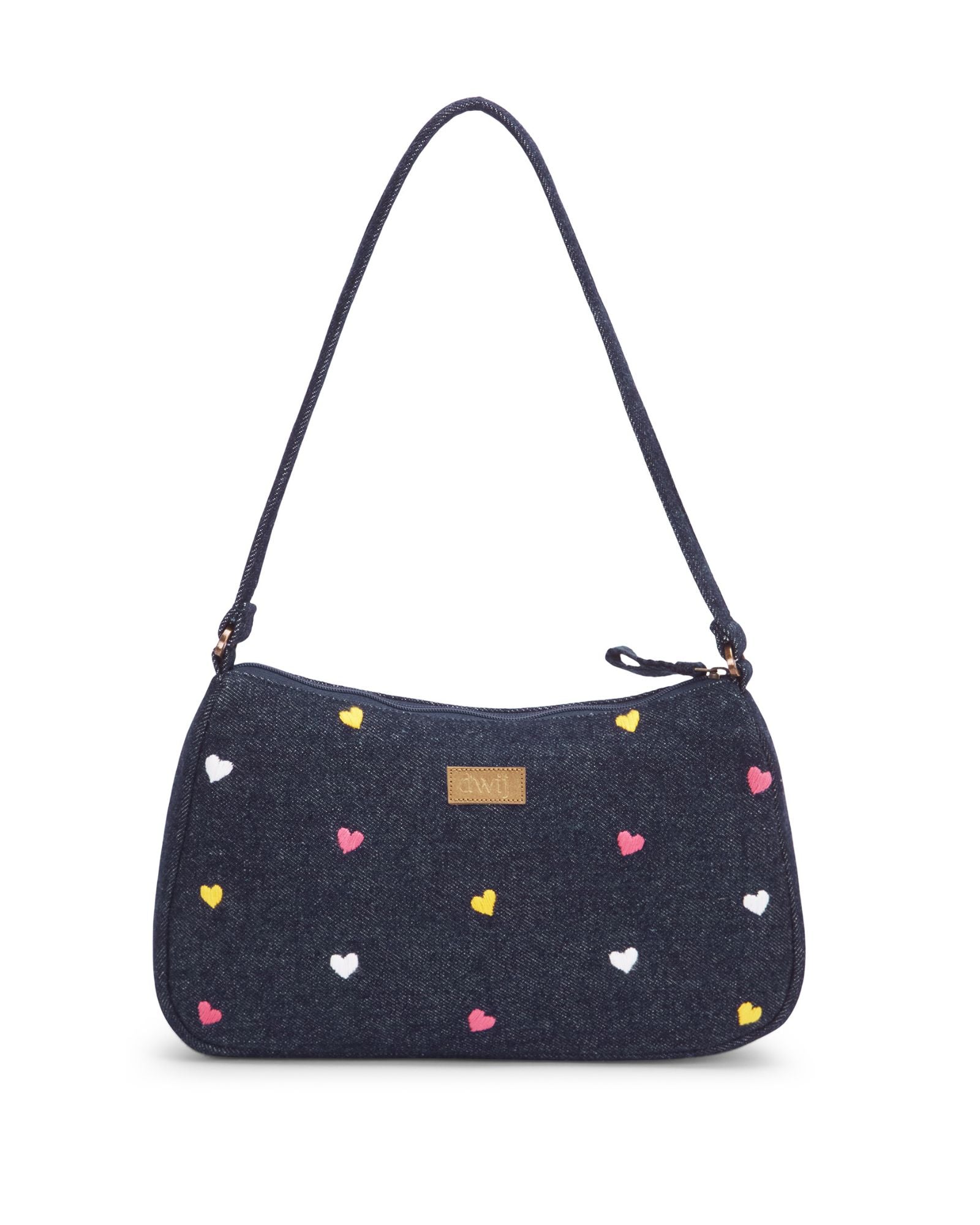 Upcycled Hand Embroidered Heart Denim Baguette Bag (Large) - Dwij - 