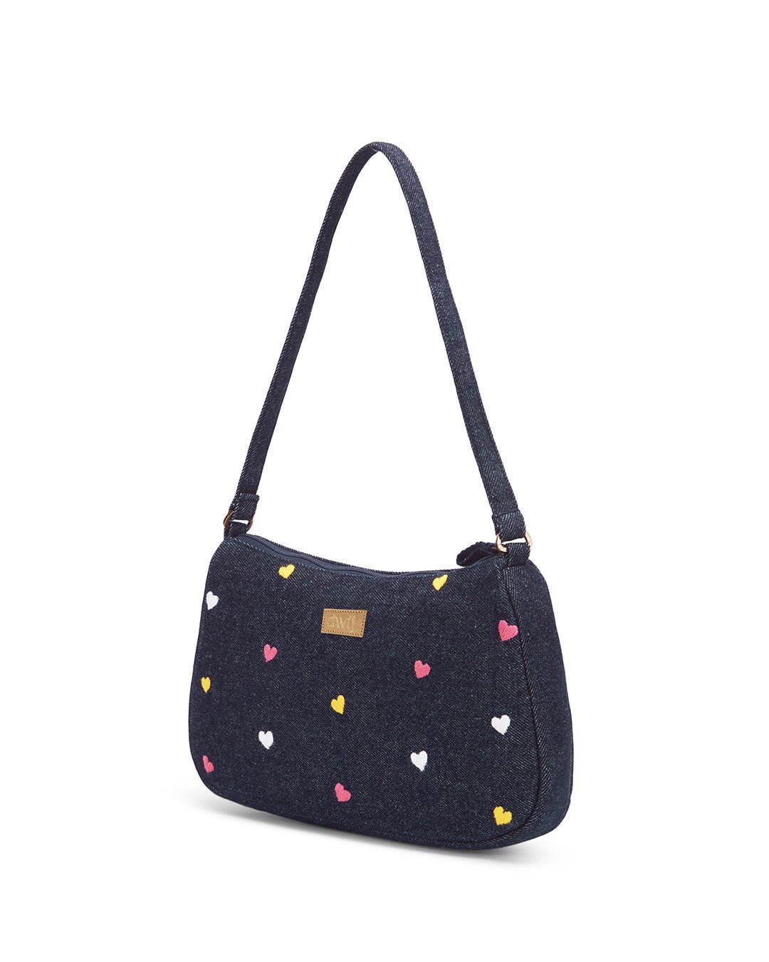 Upcycled Hand Embroidered Heart Denim Baguette Bag (Large) - Dwij - 