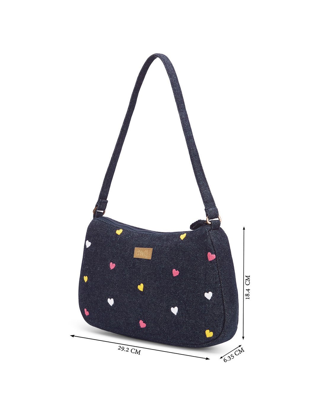 Upcycled Hand Embroidered Heart Denim Baguette Bag (Large) - Dwij - 