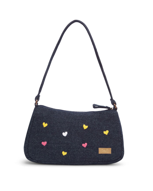 Upcycled Hand Embroidered Heart Denim Baguette Bag (Small) - Dwij - 