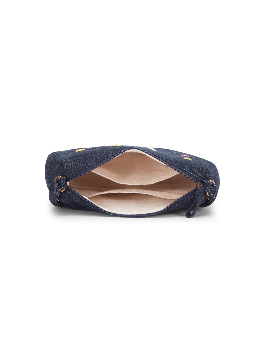 Upcycled Hand Embroidered Heart Denim Baguette Bag (Small) - Dwij - 