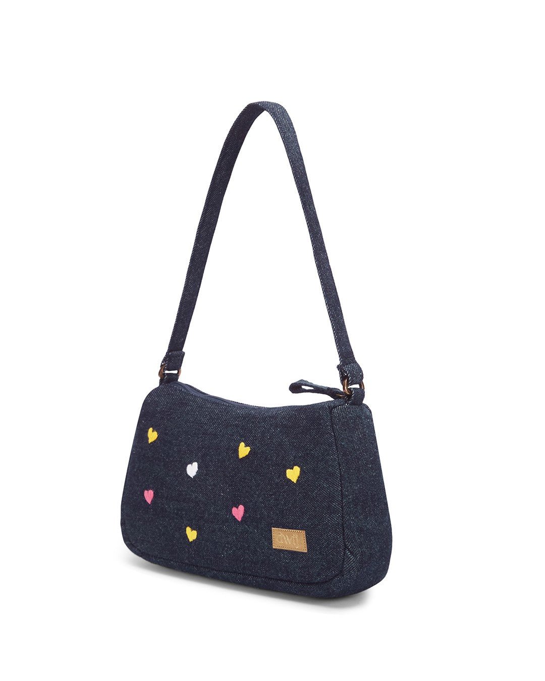 Upcycled Hand Embroidered Heart Denim Baguette Bag (Small) - Dwij - 