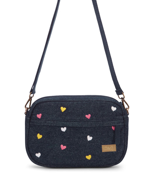 Upcycled Hand Embroidered Heart Woman Crossbody Sling Bag - Dwij - 