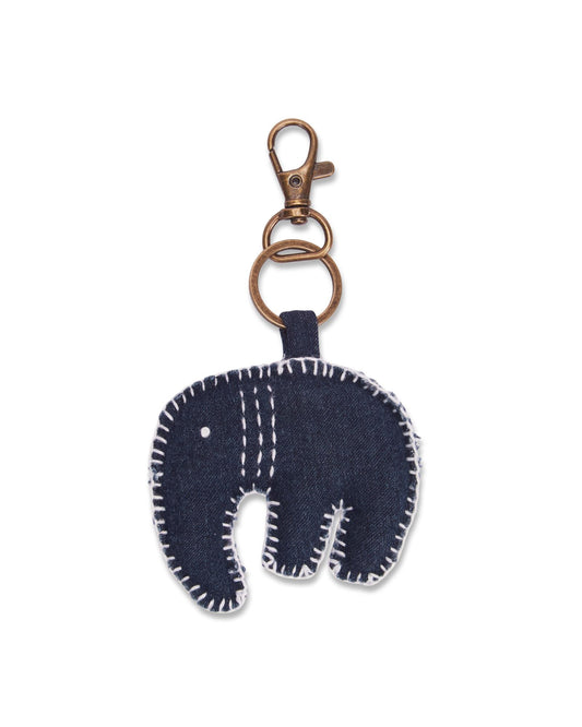 Upcycled Hand Embroidered Jeans Elephant Keychain Charm - Dwij - 