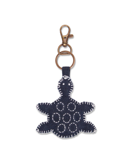 Upcycled Hand Embroidered Jeans Turtle Keychain Charm - Dwij - 