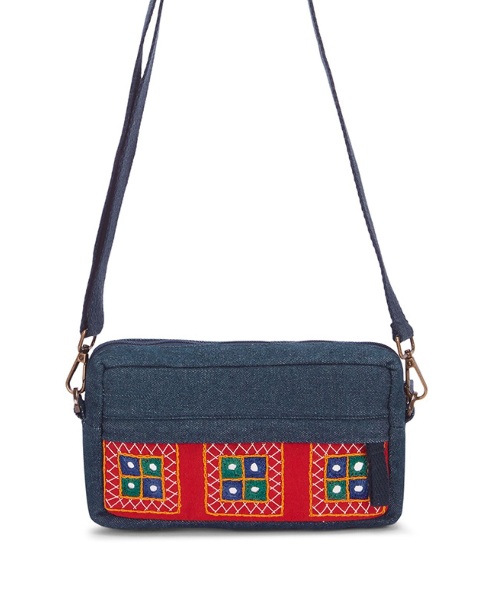 Upcycled Hand Embroidered Red Ahir 2 - in - 1 Wallet Sling Bag - Dwij - 