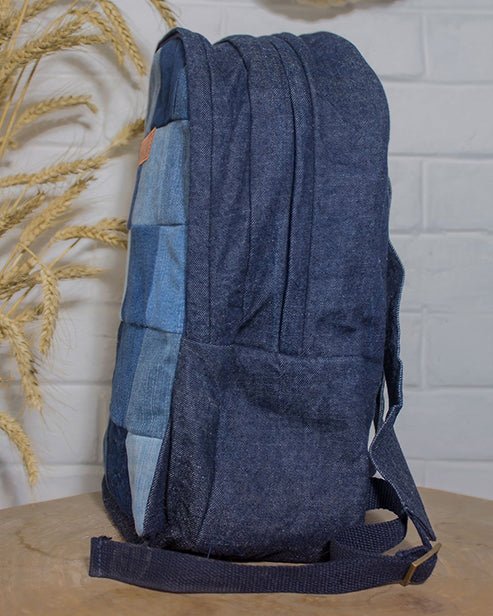 Upcycled Handcrafted Blue Random Denim & Felt Travel Backpack - Dwij