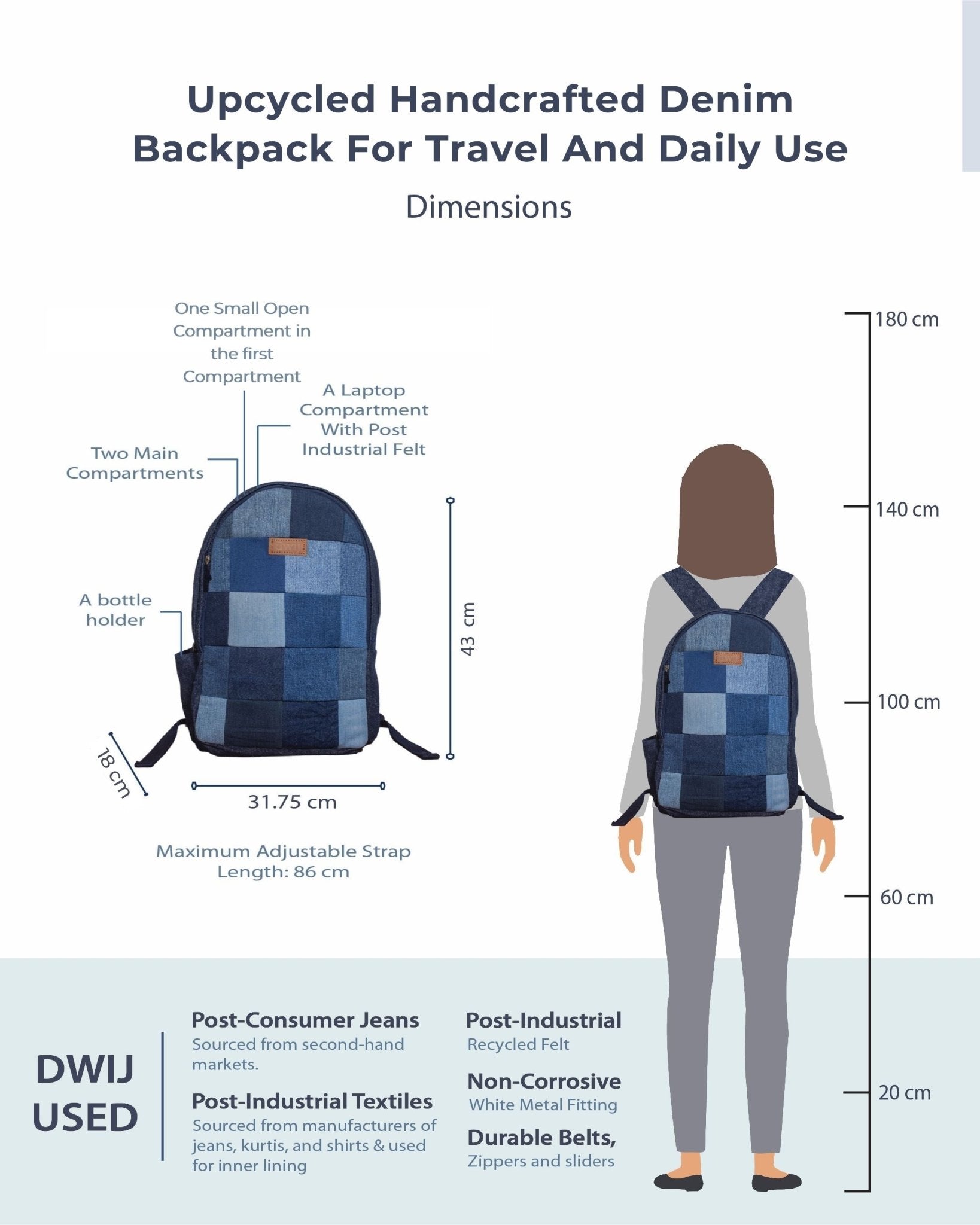 Upcycled Handcrafted Blue Random Denim & Felt Travel Backpack - Dwij