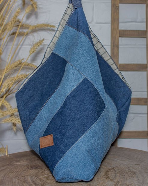 Upcycled Handcrafted Denim Jeans Blue Bento Tote Bag - Dwij