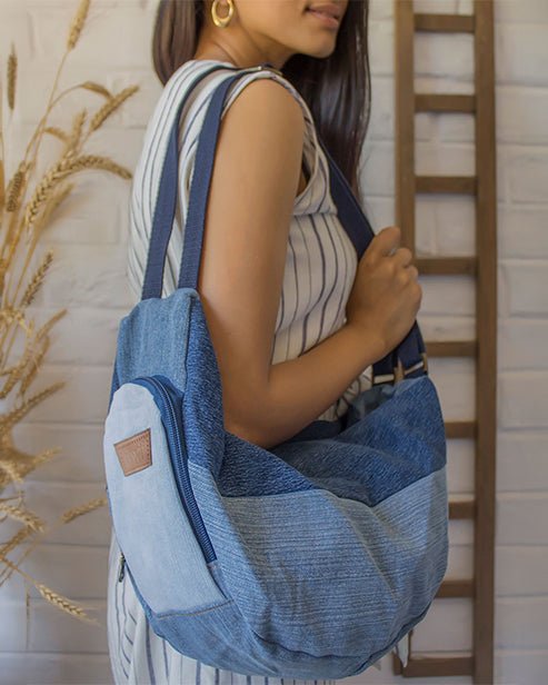 Upcycled Handcrafted Denim Jeans Blue Convertible Tote Bag - Dwij