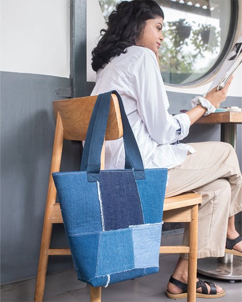 Upcycled Handcrafted Denim Jeans Blue Patched Tote Bag - Dwij