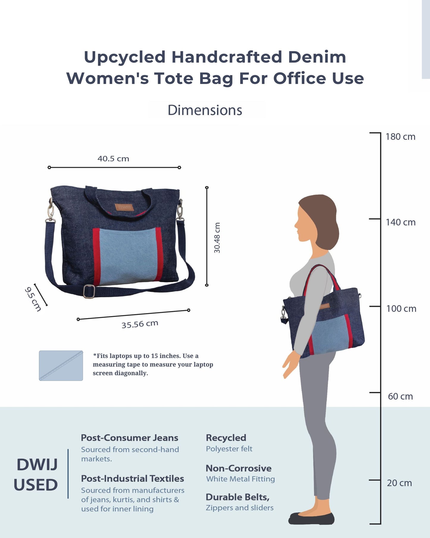 Upcycled Handcrafted Denim Jeans Blue Women's Office Tote Bag - Dwij - 