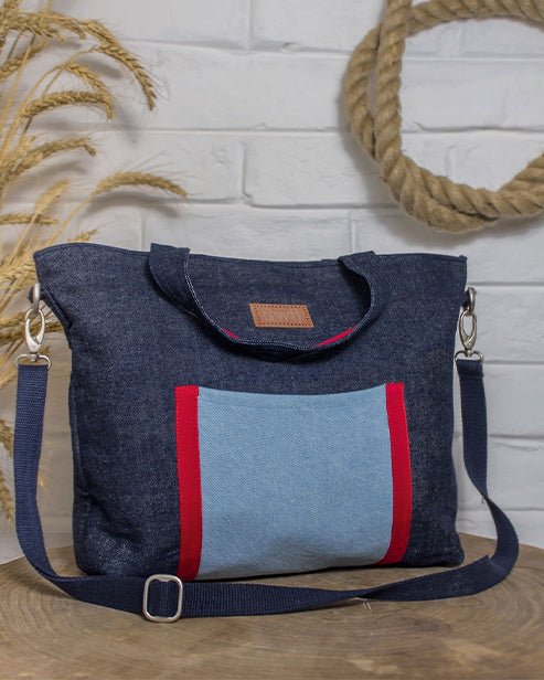 Upcycled Handcrafted Denim Jeans Blue Women's Office Tote Bag - Dwij