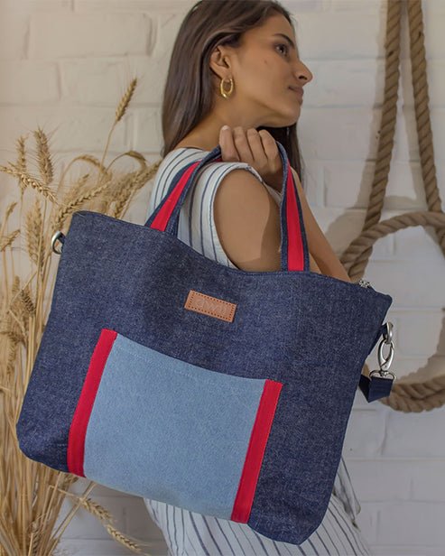 Upcycled Handcrafted Denim Jeans Blue Women's Office Tote Bag - Dwij