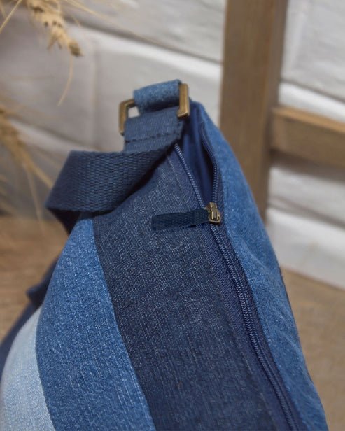 Upcycled Handcrafted Denim Jeans Crossbody Striped Sling Bag - Dwij